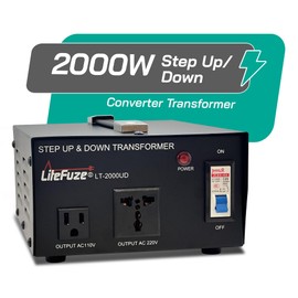 LiteFuze 2000 Watt Voltage Converter Transformer Step Up/Down - 110v to 220v / 220v to 110v Power Converter - Fully USA Grounded Cord - Universal Outlet Socket, 2x US Outlets - CE Certified