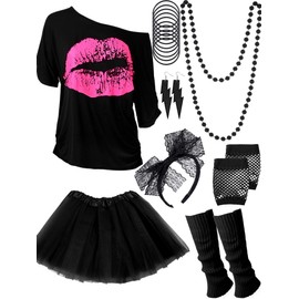 Women's 80s Costume Accessories Set, Lips Print T-Shirt Adult Tutu Skirt Lace Headband Neon Earrings Necklace Leg Warmers Fishnet Gloves Bracelet (Black, L)