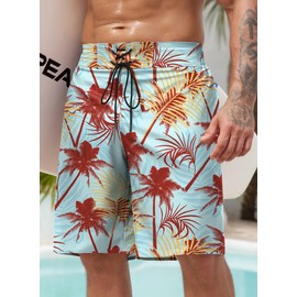 ERECT PEAK Mens Swimming Trunk Holiday Beach Short Leaf Long Stretch Graphic Hawaiian Swim Trunk Blue XL