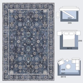 Tangsoo Area Rug 4x6 Washable Non-Slip Floral Vintage Boho Low Pile Carpet, Distressed Rug for Bedroom, Living Room, Nursery, Office - Pet & Child Friendly (Navy Blue)
