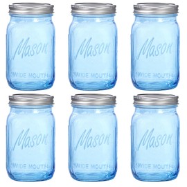 WELLIFE Wide Mouth Mason Jars,6 Pack Blue Mason Jars 32 OZ,Mason Jar for Decor Canning & DIY Crafts,Food Storage,Fermenting,Pickling,Meal Prep