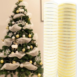 GOKEI Christmas Tree Ornament, Ribbon, 10.2 inches (26 cm) Wide, Total Length: 3.6 ft (9.14 m), Christmas Mesh, Christmas Ornament, Decoration, Mesh, Christmas Tree Ribbon, Stylish, Satin Ribbon, Wreath, Gift, Wrapping Ribbon, Gift Wrapping, Bouquet Wrapping, Wedding, Party, Beige + Gold Wire