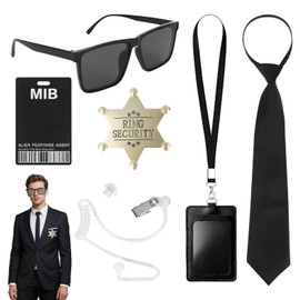 Rzspher Pack of 7 Agent Costume Accessories, Secret Agent Costume, Security Guard Accessories, with Tie, Sunglasses, Headphones Tube, Earpiece, Badge, ID and Card Holder, multicoloured