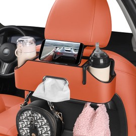 Sancaral Car Rear Backseat Extra Multifunctional Drink Cup Holder Organizers with Tissue Storage Box Organizer & Hooks for Car Seat Back. Orange