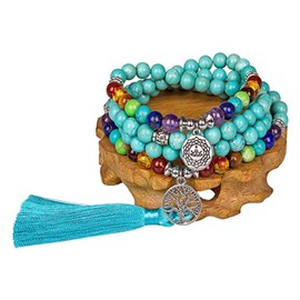 Addmluck 108 Mala Beads Meditation Turquoise Necklace 7 Chakra Tree of Life Pendant Necklace Prayer Buddha Beaded Bracelets Healing Stone Yoga Necklace for Men and Women Jewelry(tassel turquoise)