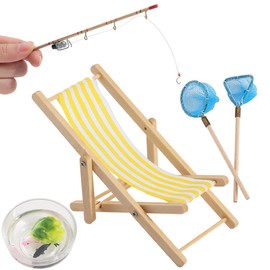 GORGECRAFT 5Pcs Mini Fishing Rod Decoration Natural Wood Cakes Topper Miniature Beach Chair Fishing Pole Net Goldfish Tank Set for Birthday Party Drink Cupcakes Decorations Supplies