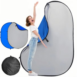 5 * 6.5 Ft Collapsible Backdrop Gray Blue Pop Up Screen with Carrying Bag, Double Sided Foldable Backdrop Portable Background for Photography Auditions Headshots Gaming Streaming Video Calls