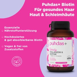 puhdas+ Collagen & Biotin [120 vegane Kapseln] hochdosiert Komplex aus Meeres Kollagen, Vitamin B7, C & Zink, Natürlicher Komplex, Biotin & Kollagen Kapseln hochdosiert - Hergestellt in Finnland