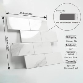 COLAMO Luxury 5-Sheet Peel and Stick Backsplash,Self Adhesive Faux Stone 12”x12” White Subway Tile for Kitchen,Glossy Carrara Brick Marble Tile Look,Stick on Accent Wall for Bathroom,Fireplace