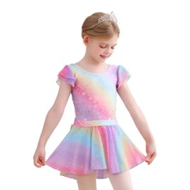 XY006 Young Girls Kids Sparkling Tulle Skirt Ballet Leotard Dress Polyester Dance Practice Training Suit for Kids Teens ChildrenColor: Star Rainbow, Size: 140