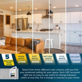 SUNPERIAN 6 Inch Ultra-Thin LED Recessed Lighting with Junction Box, 5 Color Options 2700K/3000K/3500K/4000K/5000K, 12W, 1000 Lumens, Dimmable Wafer Lights, Wet Rated, IC Rated, ETL Listed (6 Pack)