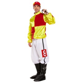 HENBRANDT Adult Men’s Red and Yellow Horse Jockey Outfit with Peaked Hat and Boot Covers Sports Fancy Dress Costume Racing Jockey Dress Up Outfit One Size Mens Fancy Dress Costume