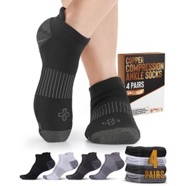 Doctor's Select Copper Ankle Compression Socks for Women and Men - 4 Pairs | Compression Ankle Socks for Women | Socks for Plantar Fasciitis Women M|Blk, White, Light Gray, Dark Gray