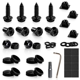 Anti Theft License Plate Screws - Black License Plate Screws Kits for Car Front Rear Tag Frame with Matte Black Caps, Rattle Proof Pad, Insert Fasteners Mount on Domestic Cars, Trucks, SUVs