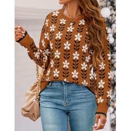 ZESICA Women's Long Sleeve Crewneck Sweater 2025 Fall Printed Cute Oversized Knitted Pullover Tops Trendy Clothes,Caramel,Medium