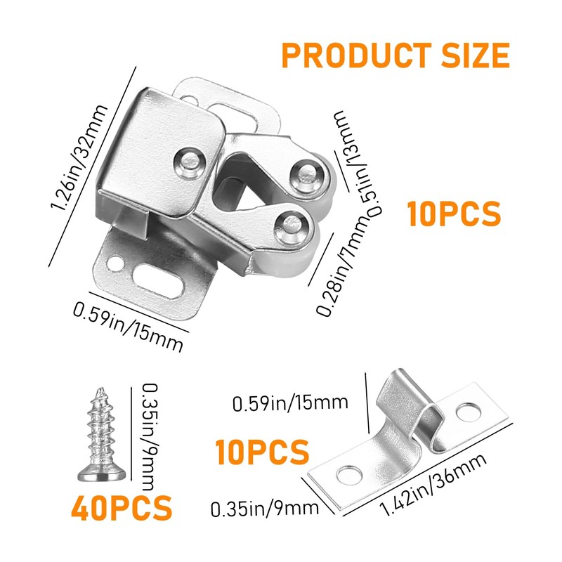 Pack of 10 Double Roller Catch Cabinet Locks, Furniture Catches,
