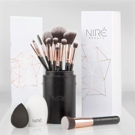 Niré Beauty Set de 15 Brochas de Maquillaje Profesional, Negro y Oro Rosa  Base, polvo, rubor, difuminado, sombra, cerdas veganas, estuche, esponja,  