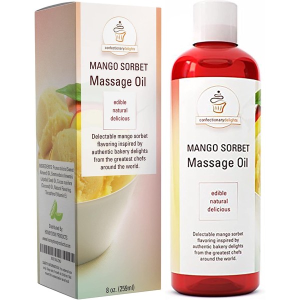 Massage Oil Edible Lube for Women and Men - Mango Sorbet Flavor Body Massage Oil for Healing and Pleasure with Pure Jojoba + Sweet Almond Oil + Coconut Oil for Skin - Anti-Aging Vitamin Moisturizer