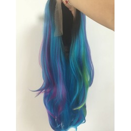 Sylvia 24" Blue/Yellow/Green/Purple Mixed Color Ombre Natural Wave Synthetic Lace Front Wigs Natural Body Wave with Dark Roots 180% Density Glueless Heat Resistant Fiber Replacement Hair