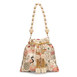 LONGING TO BUY Indian Ethnic Pearls & Sequence Potli Bag for Women, Wedding Potli Bag and For Ethnic Wear (Cream)