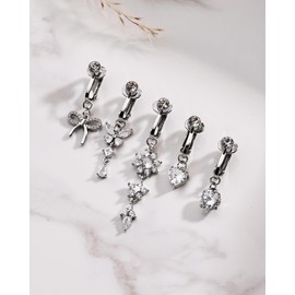 Button Piercing for Women Clip on Belly Button Rings Silver Clear Round Heart Cubic Zirconia Butterfly Flower Bow Fake Belly Piercing Fake Belly Ring