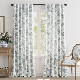 jinchan Floral Curtains Burlap Look Curtain 96 Inch Long Faux Linen Blue Flower Patterned Drapes for Living Room Light Filtering Farmhouse Curtain Rod Pocket Window Curtains for Bedroom 2 Panels