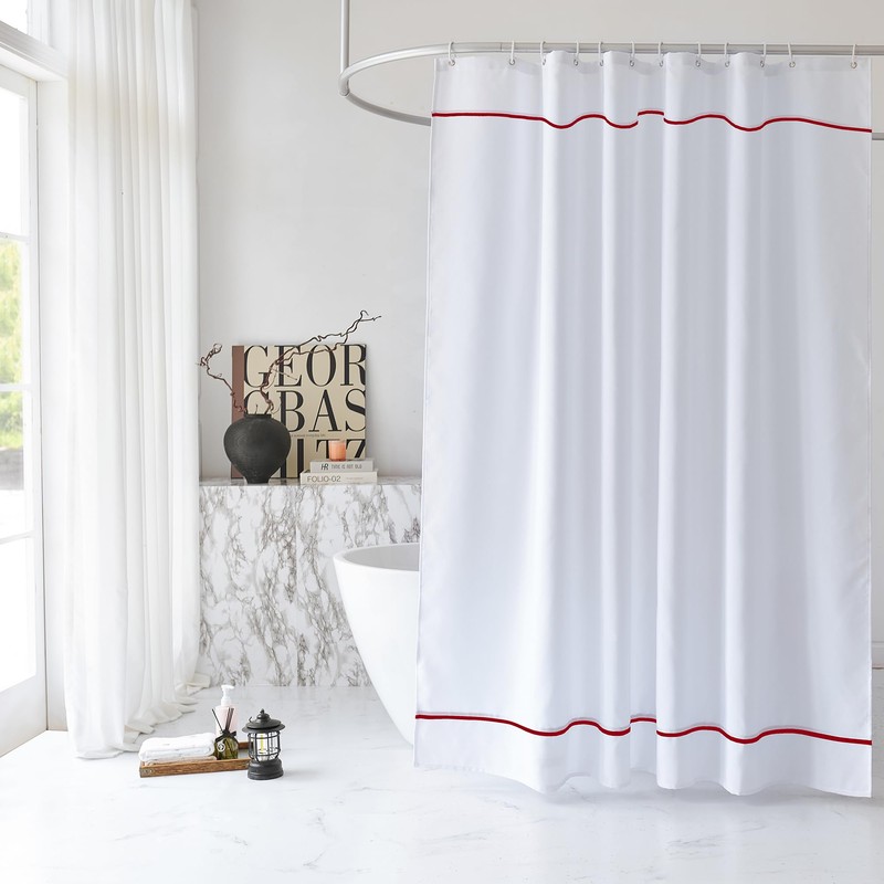 youngseahome White Shower Curtain with Red Border, Modern Chic Faux
