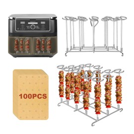 Skewer Stand for Ninja Dual Air Fryer with 100 Air Fryer Liners and 14 Barbecue Skewers, Stainless Steel Kebab Rack for Ninja AF300UK/AF400UK/AF451UK/AF500UK/SL400UK/SL300UK