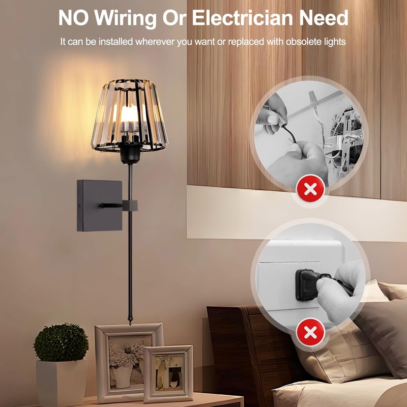 Battery Operated Crystal Wall Sconces Set of 2,Black Rechargeable Wireless