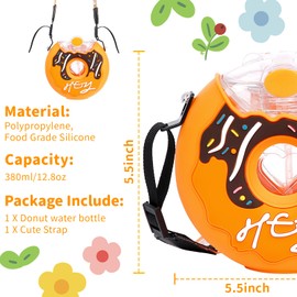 PHEENOWL - Botella de agua de dona de 380 ml con pajita para niños, sin BPA y a prueba de fugas con pajita, botella de bebida para niños pequeños con correa para el hombro para exteriores y escuela (amarillo)