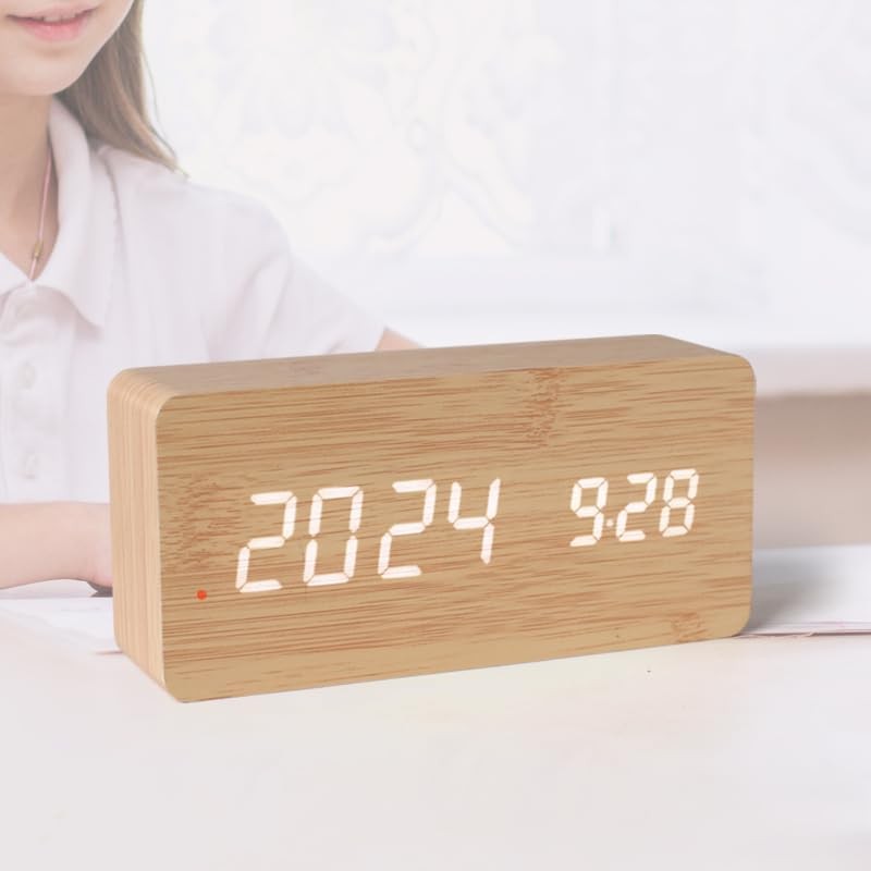 Radio Clock, Wooden Clock, Multifunctional, LED Time Display, Large Screen,