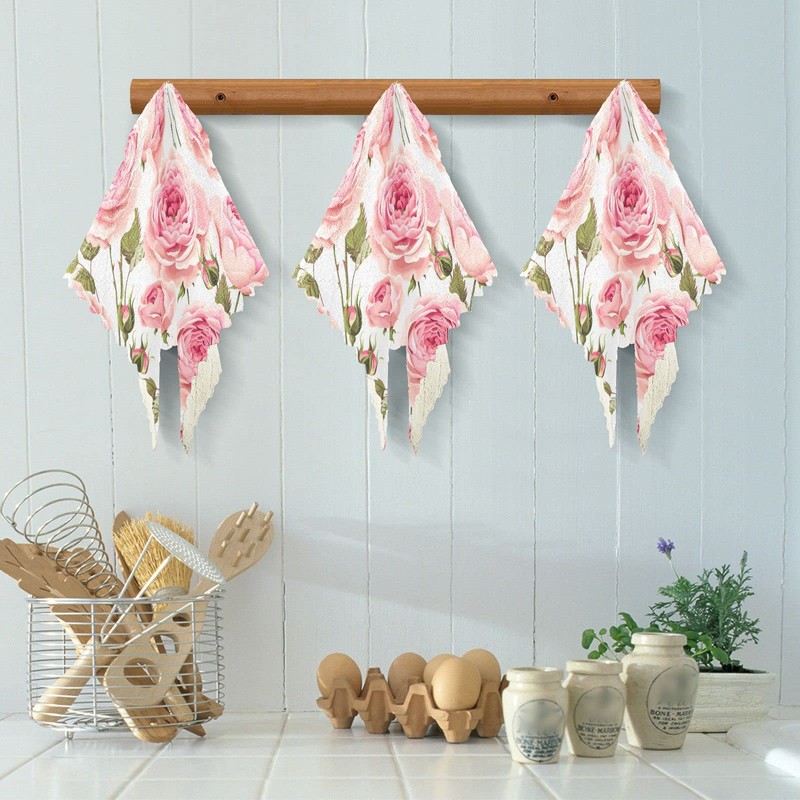 Pink Rose Flower Floral Kitchen Dishcloths, 6 Pack Dish Towels