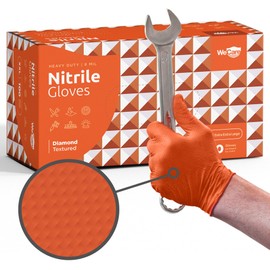 WECARE Orange 8 Mil Nitrile Gloves Large 100 Pack - Heavy Duty Mechanic Gloves, with Diamond Grip - Powder and Latex Free Disposable Gloves