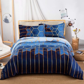 Geometric Diamond Duvet Cover Golden Stripes Soft Microfiber Bedding Set, Reversible Lightweight Duvet Sets 3 Pieces With Zipper (Blue, Double)
