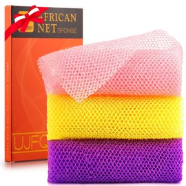 UJFQBH UJFQBH 3 Pieces African Bath Sponge African Net Long Net Bath Sponge Exfoliating Shower Body Scrubber Back Scrubber Skin Smoother,Great for Daily Use (Pink,Yellow,Purple)