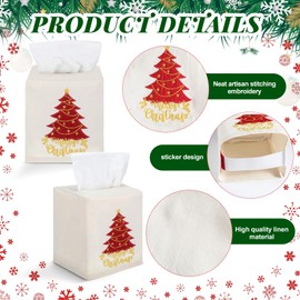 Domensi 2 Pcs Christmas Linen Tissue Box Cover 5.5 x 4.75 x 4.75 Inches Christmas Tree and Elk Tissue Box Holder Holiday Square Home Decor Xmas Embroidered Gifts for Bathroom Bedroom Living Room