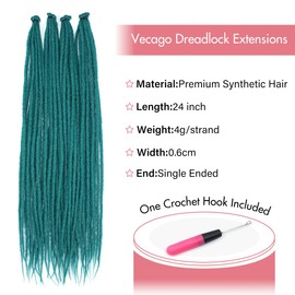 Vecago 24 Inch Dreadlock Hair Extensions, 40 Strands SE Thin 0.6cm Width Dreadlock Extensions, Synthetic Handmade Soft Hippie Style Dreadlocks for Woman,BD Green