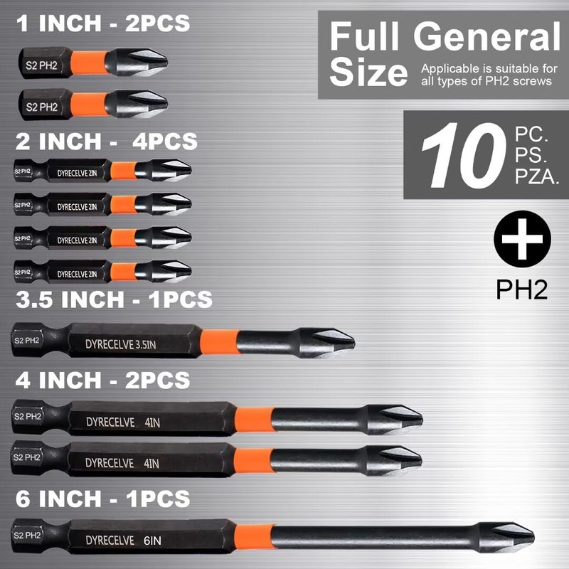 10-Pack 2 Phillips Bits- Phillips Bits #2 Impact Magnetic- PH2