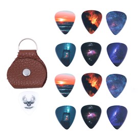 Alnicov Guitar Picks,13 Medium Gauge Celluloid Guitar Picks with a Box and Picks Holder,Perfect for Bass,Electric & Acoustic Guitars (Natural Image)