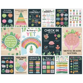 gisgfim 16PCS Cactus Mental Health Posters for Classroom Succulent Anxiety Therapy Growth Mindset Inspirational Poster Counseling Therapist Office Must Haves Feeling Wheel Poster Positive Quotes Decor