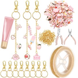 VioraWhite 213 Pcs Lip Gloss Keychain Making Kit 100 Pink Enamel Charms 32.81 ft Gold Chains for DIY Crafts Women(Elegant)