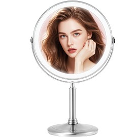 4000mAh Large Rechargeable Lighted Makeup Mirror Nickel, 2-Sided 1X/10X HD Undistorted 8" Magnifying Mirror with 3 Color Lights Dimmable, 360° Swivel Seamless Cordless Travel Vanity Mirror -Detachable