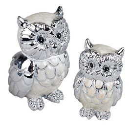 Unbekannt es Set of 2 Small Owl Figurines 5-7cm Silver Mother of Pearl Design