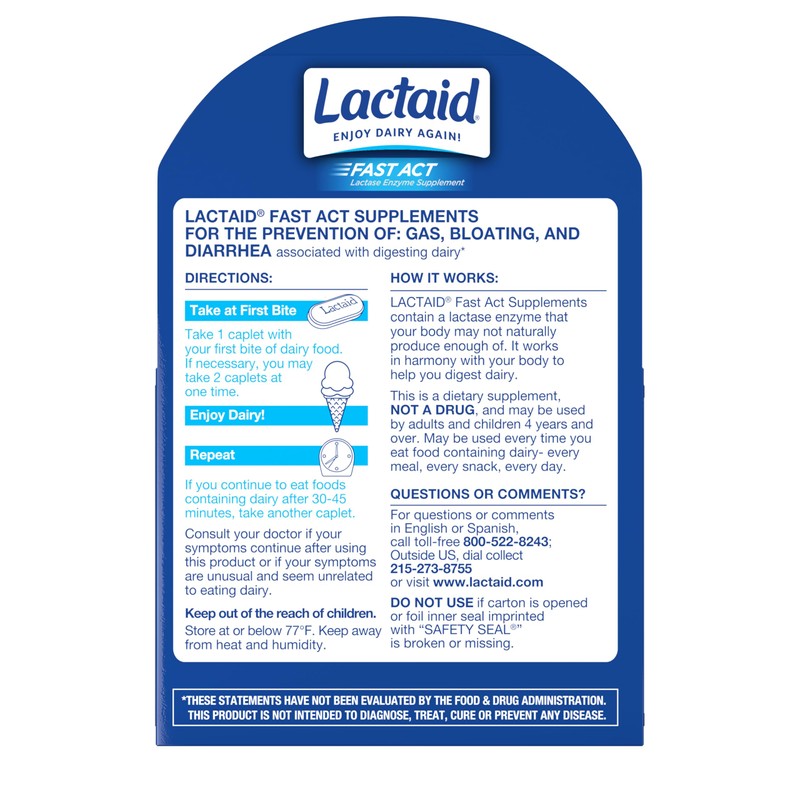 Lactaid Fast Act Lactose Intolerance Caplets with Lactase Enzyme, Dairy