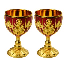 2Pcs Vintage Chalice Medieval Goblet, 30Ml Brass Royal Wine Glass Cups Medieval for Wedding Anniversary, Gold Goblet Cups for Renaissance Gifts Novelty Ceremonial Catholic Church Baptism Holy (Red)