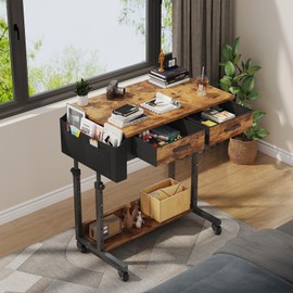 Small Portable Rolling Standing Desk - 32 Inch Adjustable Mobile Stand Up Teacher Desks with 2 Fabric Drawers on Wheels for Classroom, Couch Sofa Side Laptop Table with Storage for Home Office, Black