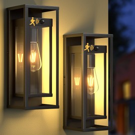 SIAFAVOI Motion Sensor Outdoor Wall Light 2Pack-15in Modern Dusk to Dawn Porch Sconce Wall Mounted Waterproof Exterior Lighting Fixture E26 Black Lantern for Outside House Garage Entryway