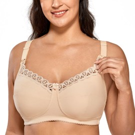 Gratlin Women's Cotton Wirefree Soft Maternity Nursing Bra with Lace Trim Beige 36E