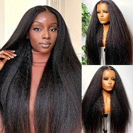 VIOLET 200% Density Kinky Straight Lace Front Wigs Human Hair Pre Plucked with Baby Hair 13x4 HD Transparent Yaki Straight Human Hair Wigs 12A Brazilian Remy Hair for Women Natural Color 24Inch