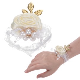 M METERXITY 1-Pack Wrist Corsage Bracelet, Artificial Flower Wristlet for Wedding/Prom/Party, Cream White